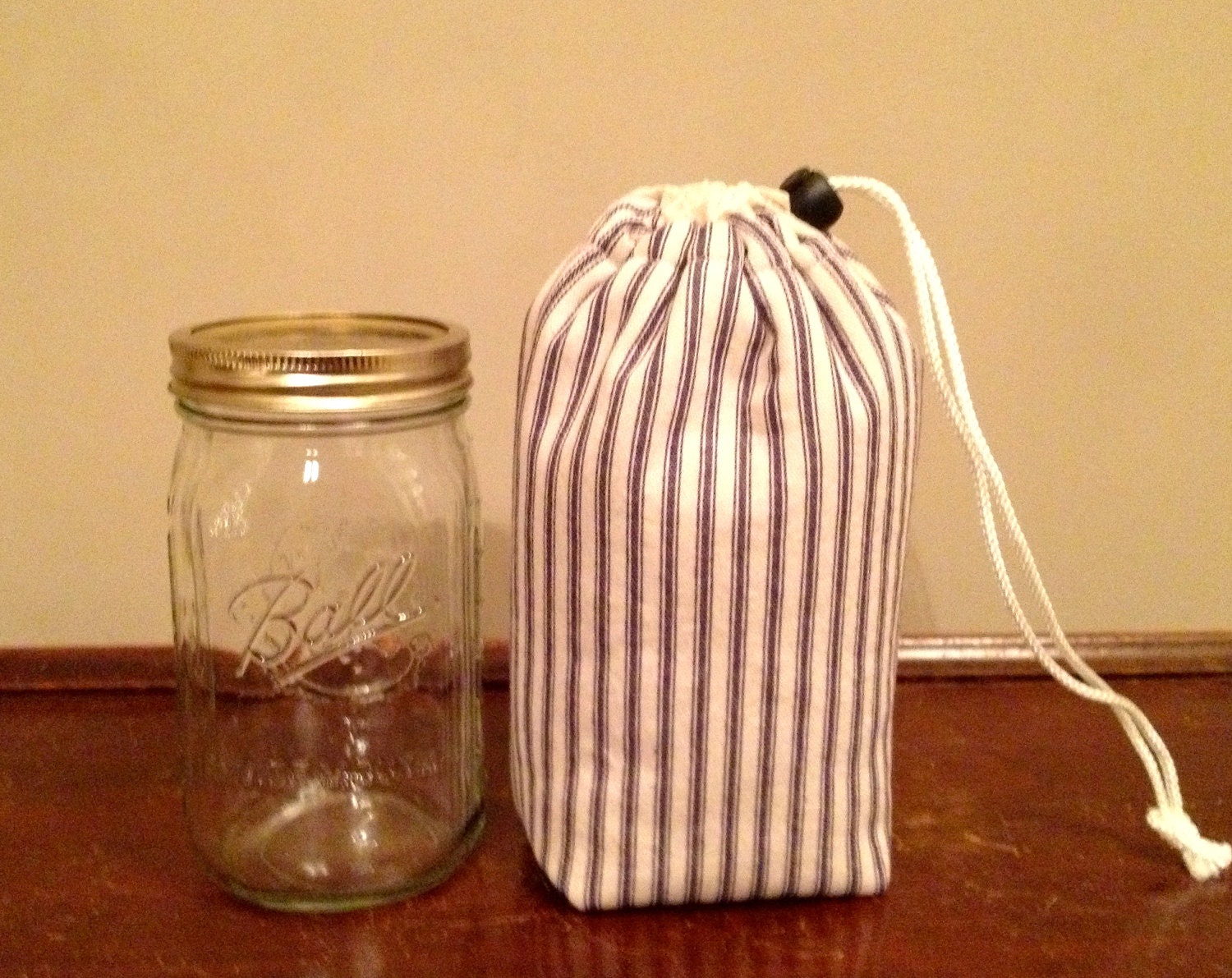 New QUART size Jars to Go Single - blue ticking stripe