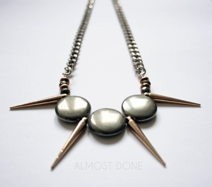 Metallic piryte and spike curb chain necklace mixed metal. Spike jewelry