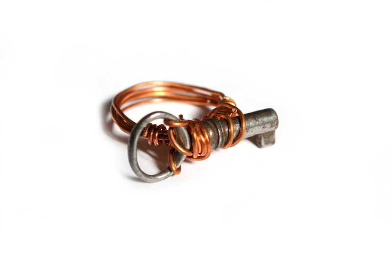 Simple Repurposed Upcycled Copper Wire Wrapped Mini Antique Key Ring Size 6.5