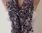 Gray - Brown and Black - Ruffle Chiffon Scarf with Burgundy Trim Edge