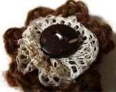 Brown flower brooch, crocheted, handspun wool, vintage lace, crocheted corsage