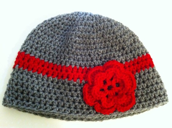 Crochet Womens Hat, Gray and Red Crochet Beanie, Christmas Hat, Flower Hat, Ready To Ship