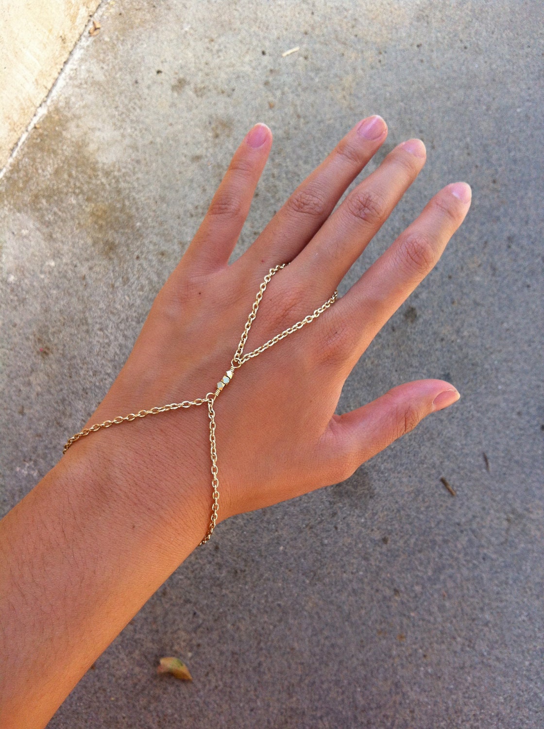 14K Shiny Gold 3 Nugget Bead Hand Chain Slave Harness