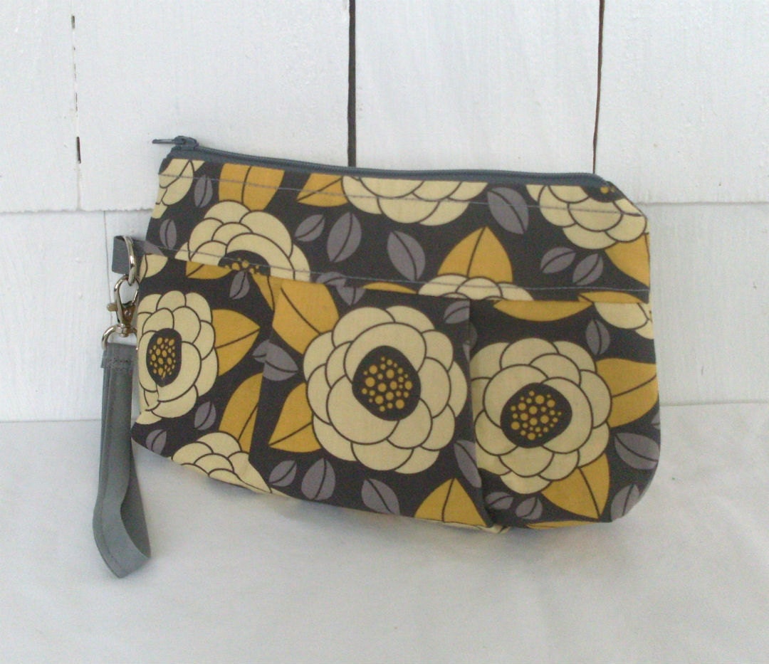 Pleated Wristlet Clutch -The Lilac - Yellow and Gray Joel Dewberry fabric