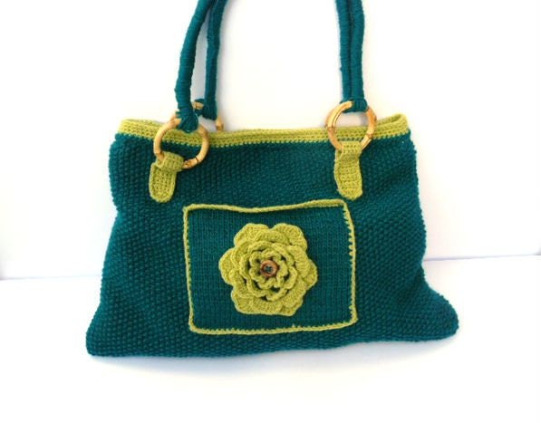 Knit handbag, blue and green shaulder bag