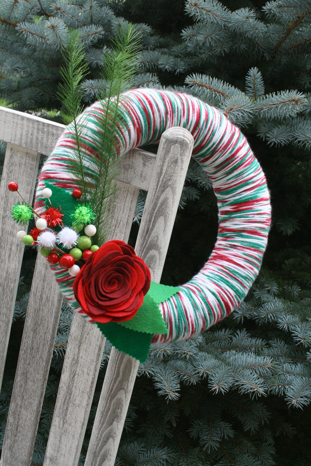 Christmas Yarn Wreath/Felt Flower/Rose/Ribbon
