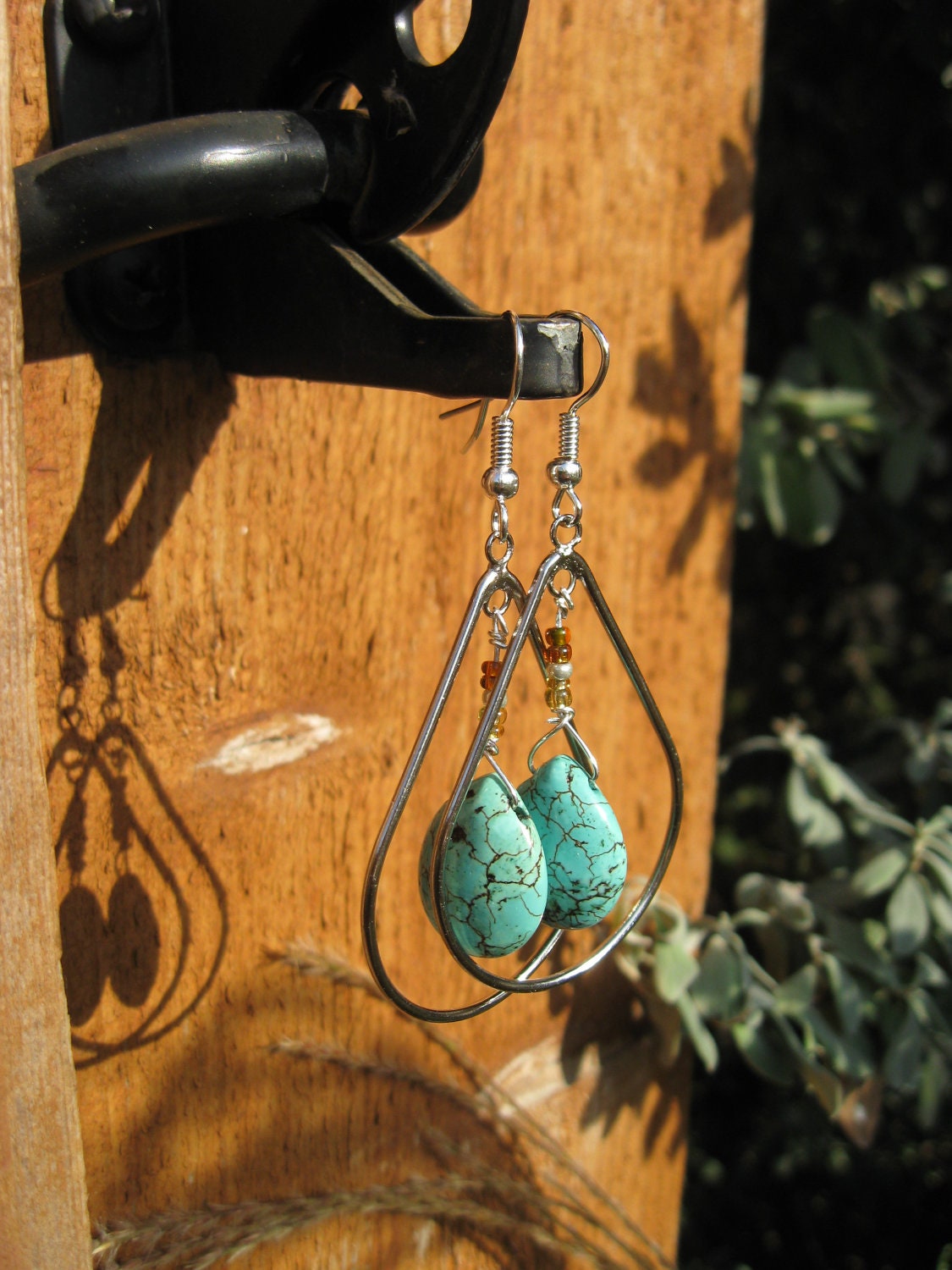 Turquoise Drop Earrings with Brandy and Amber- Glass Accents