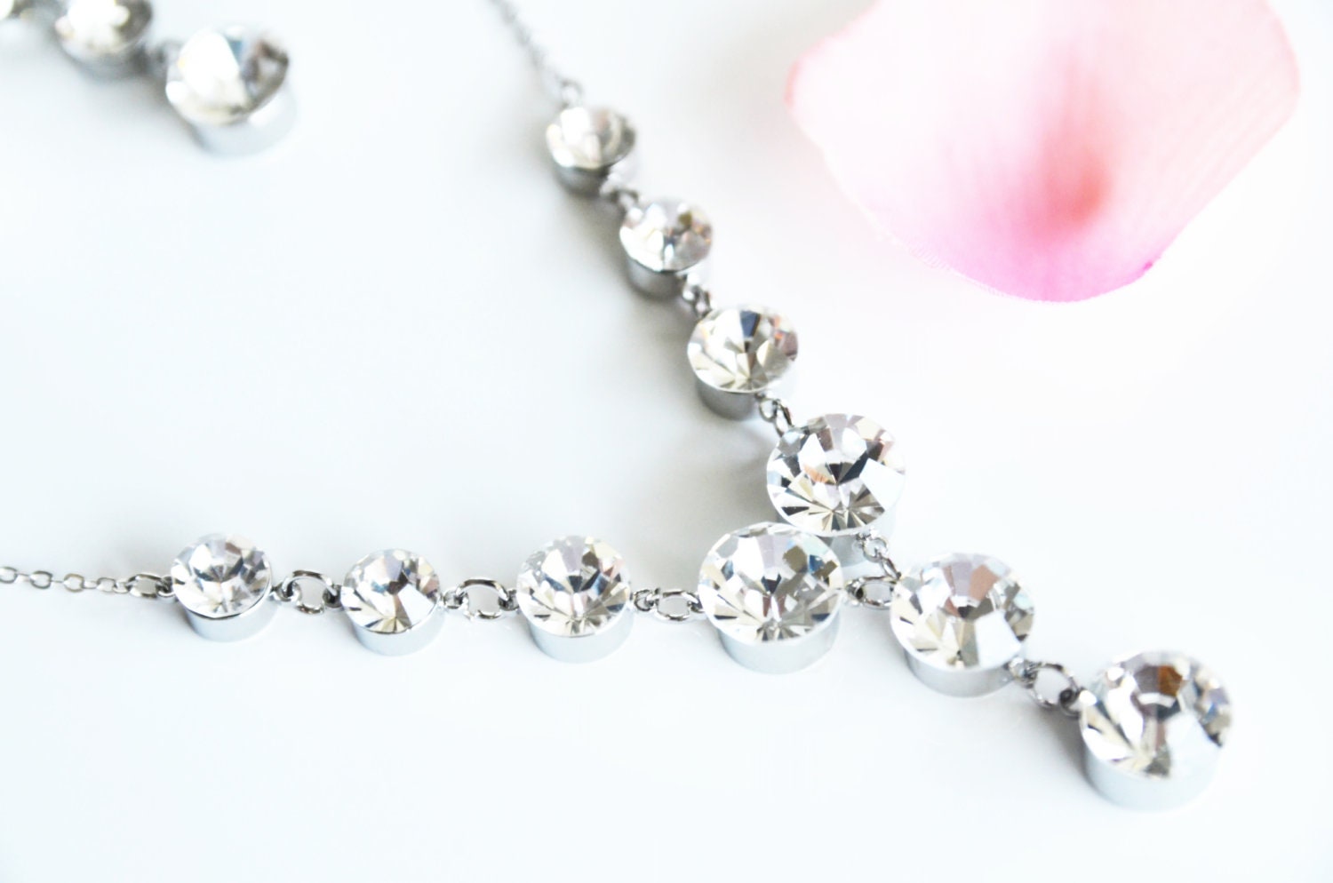 art deco clear crystal swarovski rhinestone rhodium silver plated necklace post earrings set wedding bridal bridesmaids jewelry set gift