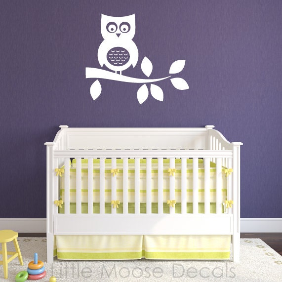Children Wall Decal Branch Nursery - Owl White Tree Branch Leaves