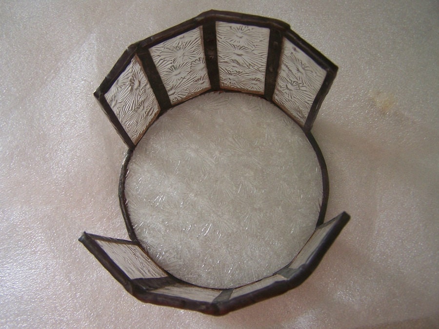 Candle holder, stained glass, clear glass with small flower pattern