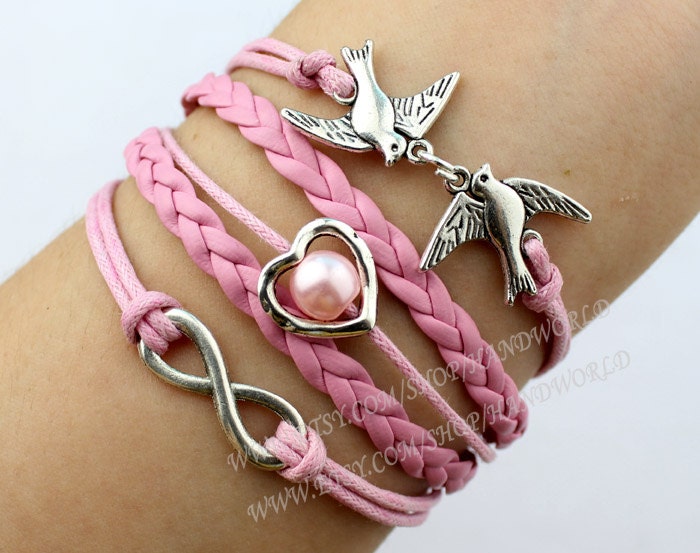 Silvery lover birds bracelet cute little heart bracelet infinity karma bracelet friendship charm bracelet-N1615