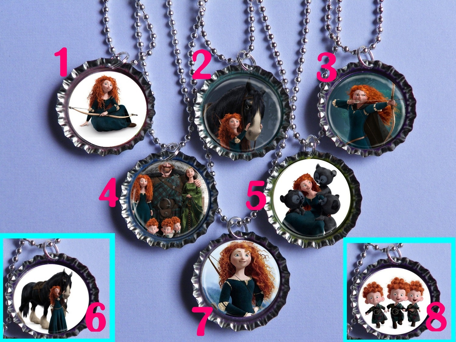Brave Merida 6 bottle cap necklace Party Favor pack (6)  / contact me for other quantities needed