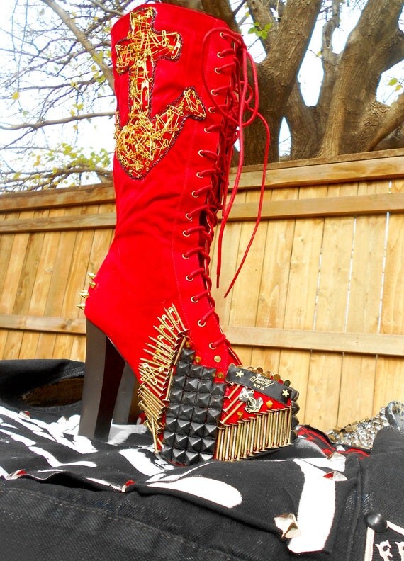 Red Knee High Custom Sailor Studded Boots