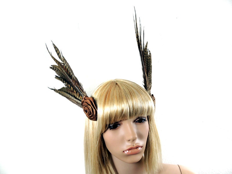 Steampunk Fascinator (2 parts) with brown/Black pheasant feather Goth headdress - NinielChan