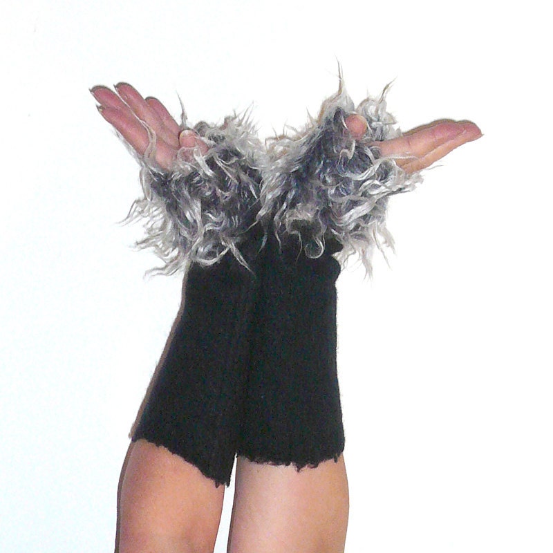 Navy blue wrist warmers, soft elastic felted wool mixture with funny long hair faux fur border red and white