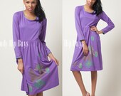 Vintage 80s Purple Mint Green Lily Painting Floral skirt A-line Dress - M