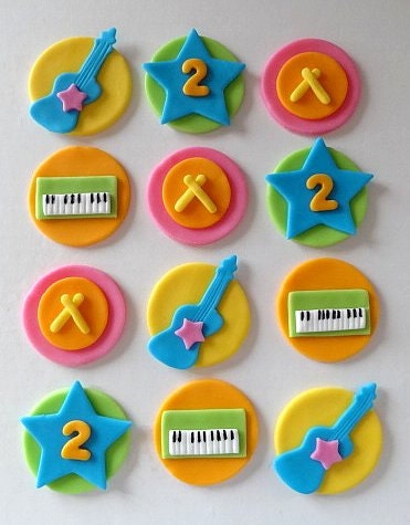 12 Fondant edible cupcake/cookie toppers - Rock Band cupcake toppers with customized age