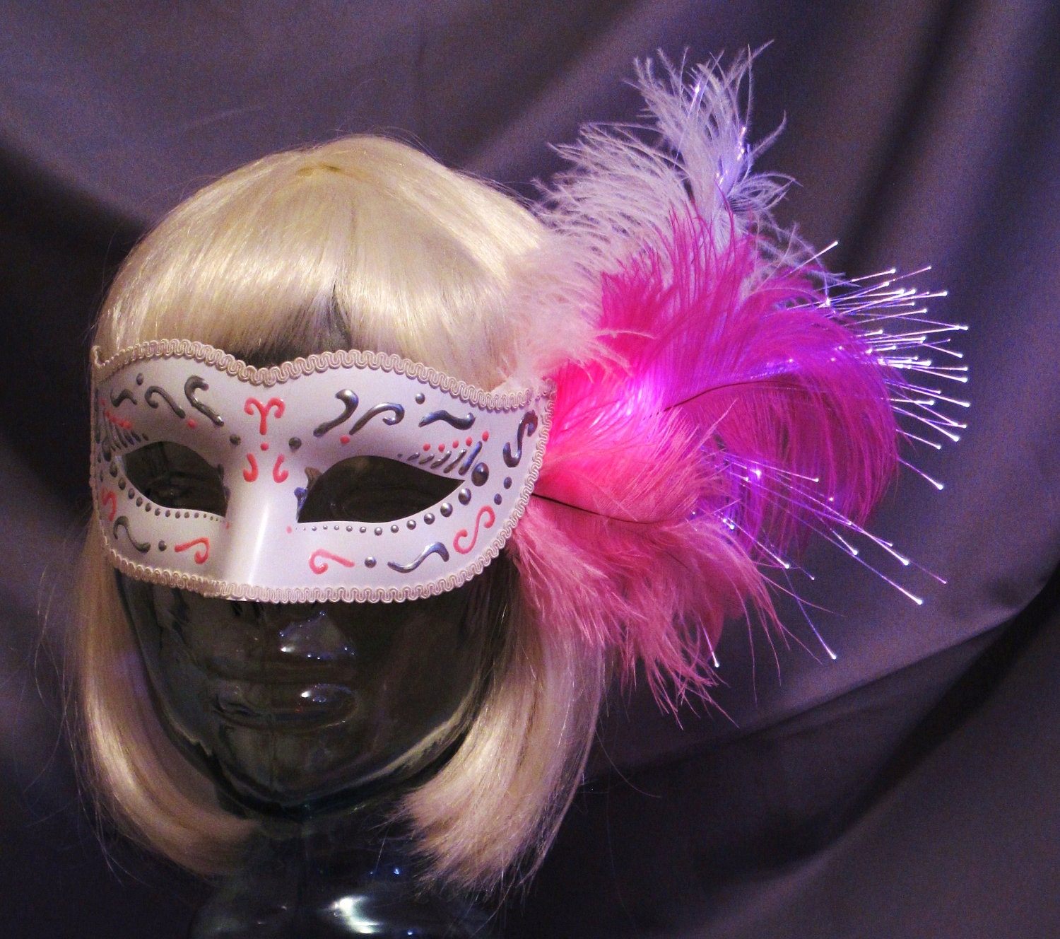 Glowing, Fairy, Fiber Optic, Feather Masquerade Mask, Hand Painted, Blacklight Reactive, Ostrich Feathers