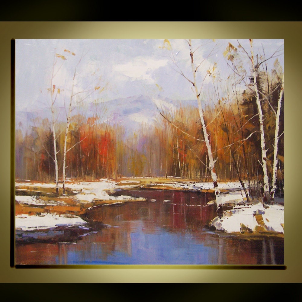 Original Oil Painting Modern Palette Knife fine art  Birch tree landscape wall decor on Canvas  Ready to Hang by Qujun 20" by 24"