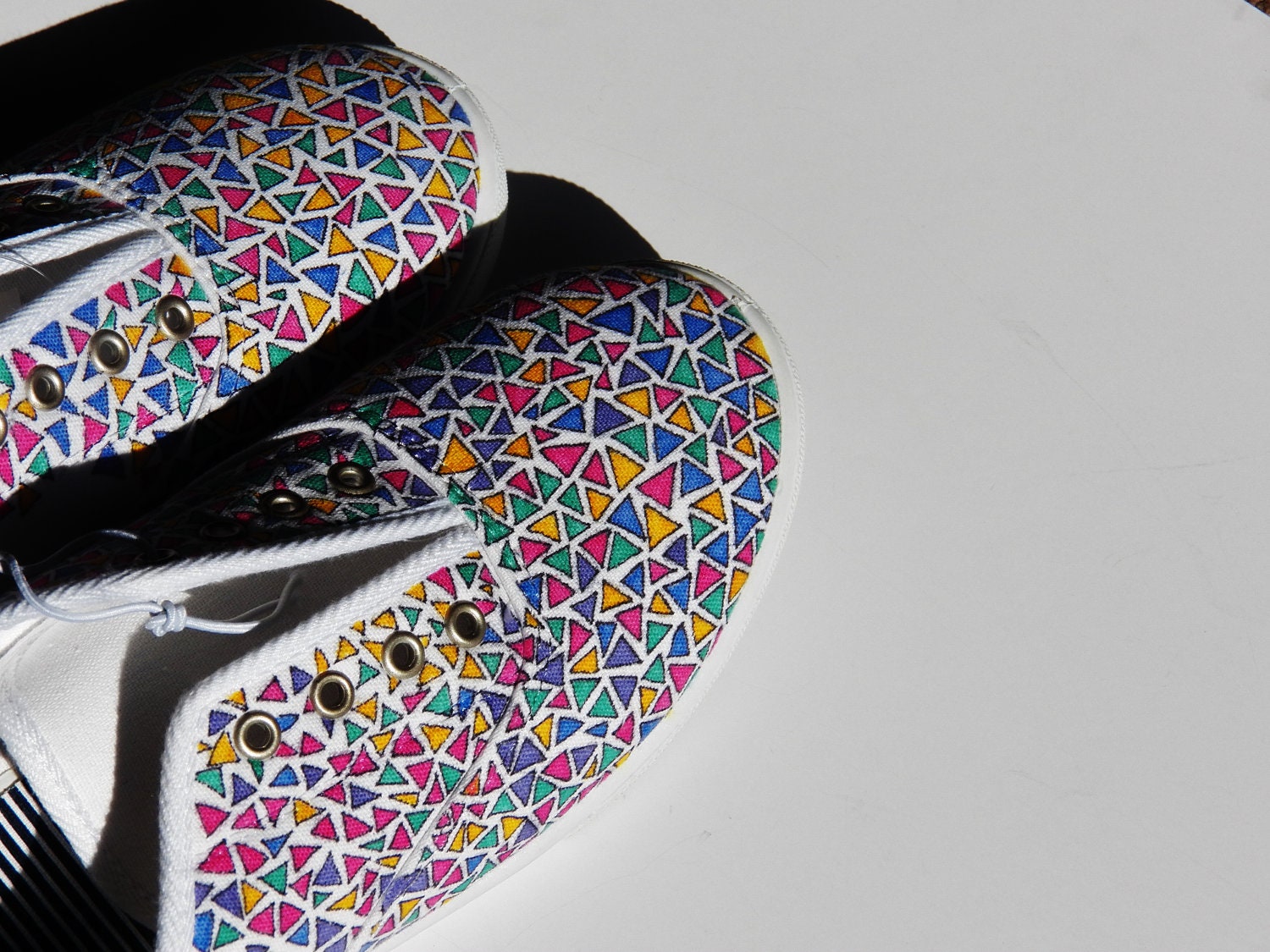 Handpainted Custom Triangle Print Canvas Shoes