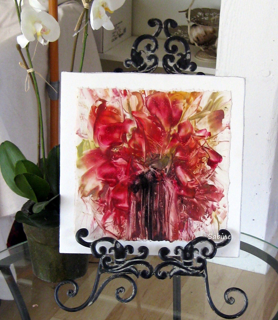 Original Encaustic semi abstract 12"x12"Painting for Office or Home Red Floral STUDIOSABINE