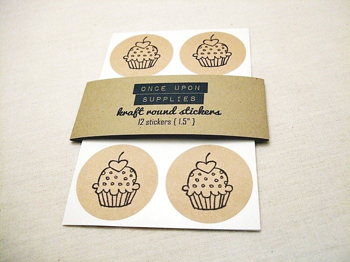 24 Cupcake Kraft Round Stickers - Circle Labels 1.5-inch Children's Birthday Party Supplies Favors Scrapbook Embellishments