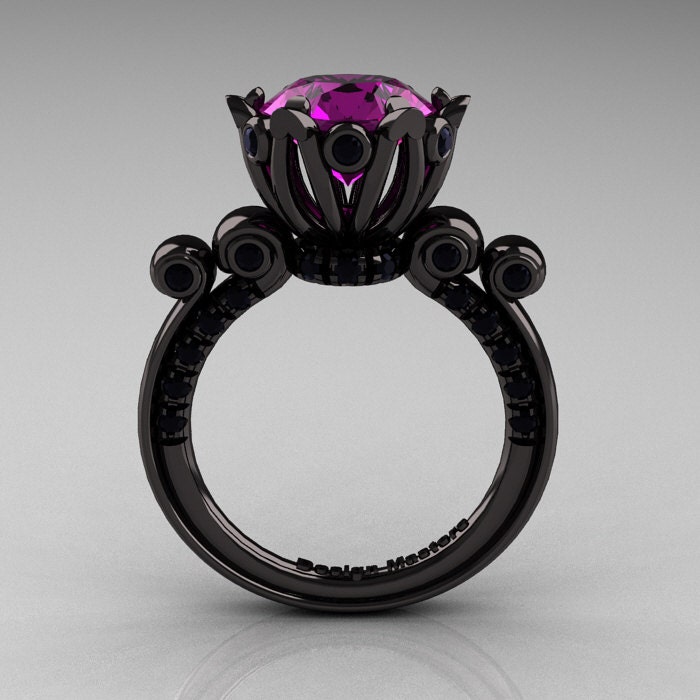 French Antique 14K Black Gold 3.0 CT Amethyst Black Diamond Solitaire Wedding Ring Y235-14KBGBDAM