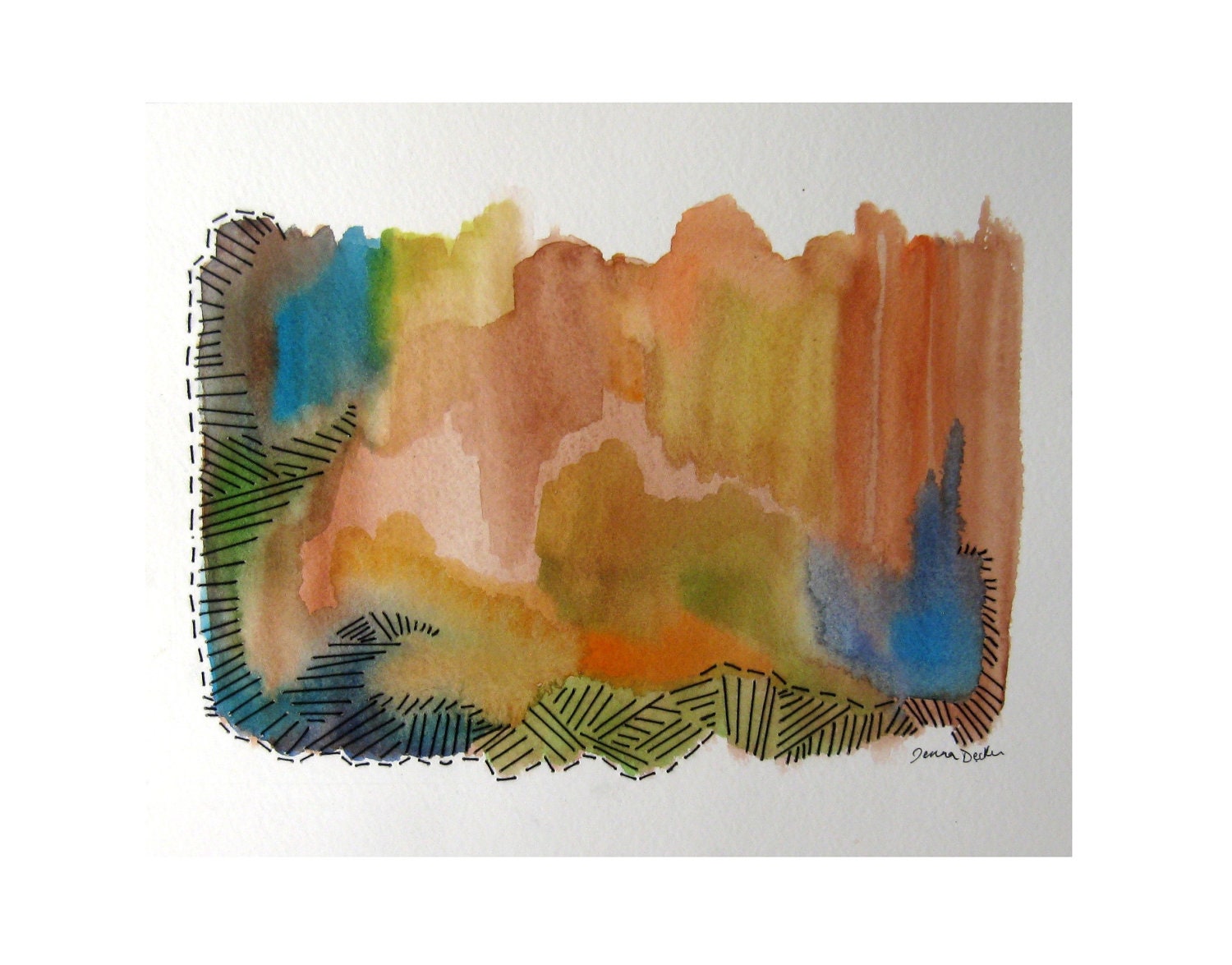 Original Fine Art Mixed Media Painting Watercolor and Fiber Art / Embroidery on Paper Abstract Contemporary Black Brown Orange Teal Yellow