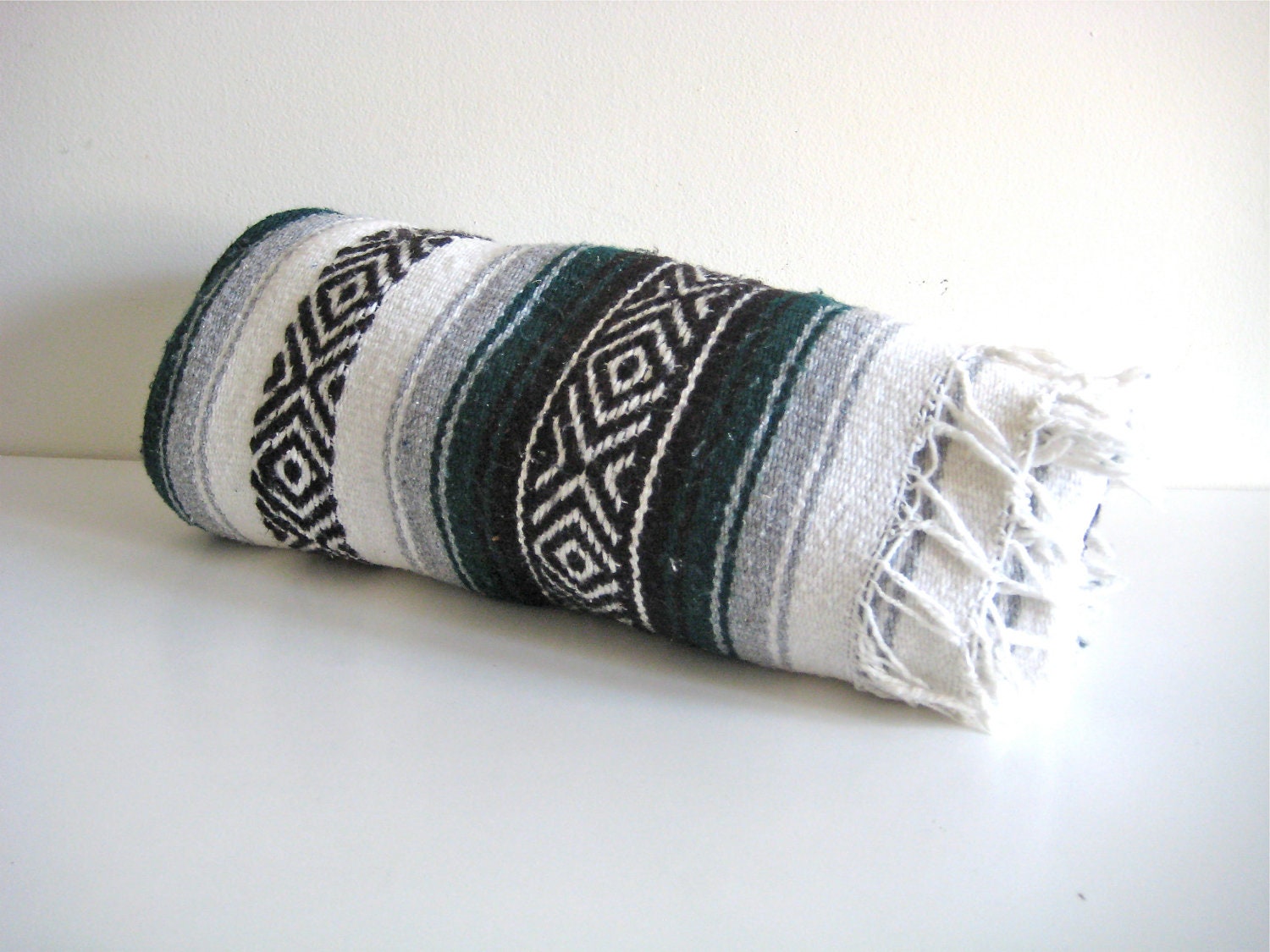 Green and Gray Vintage Mexican Blanket