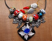 Amanda Olivo Day of the Dead ooak Charm Necklace Earrings Set - MEXICAN FOLK ART - Lampwork flower pendant Sugar Skulls chilis