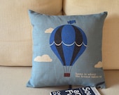 1 handmade linen cotton blue Hot air balloon Home is where the breeze takes us printed  pillow case / cushion cover 45cm x45cm