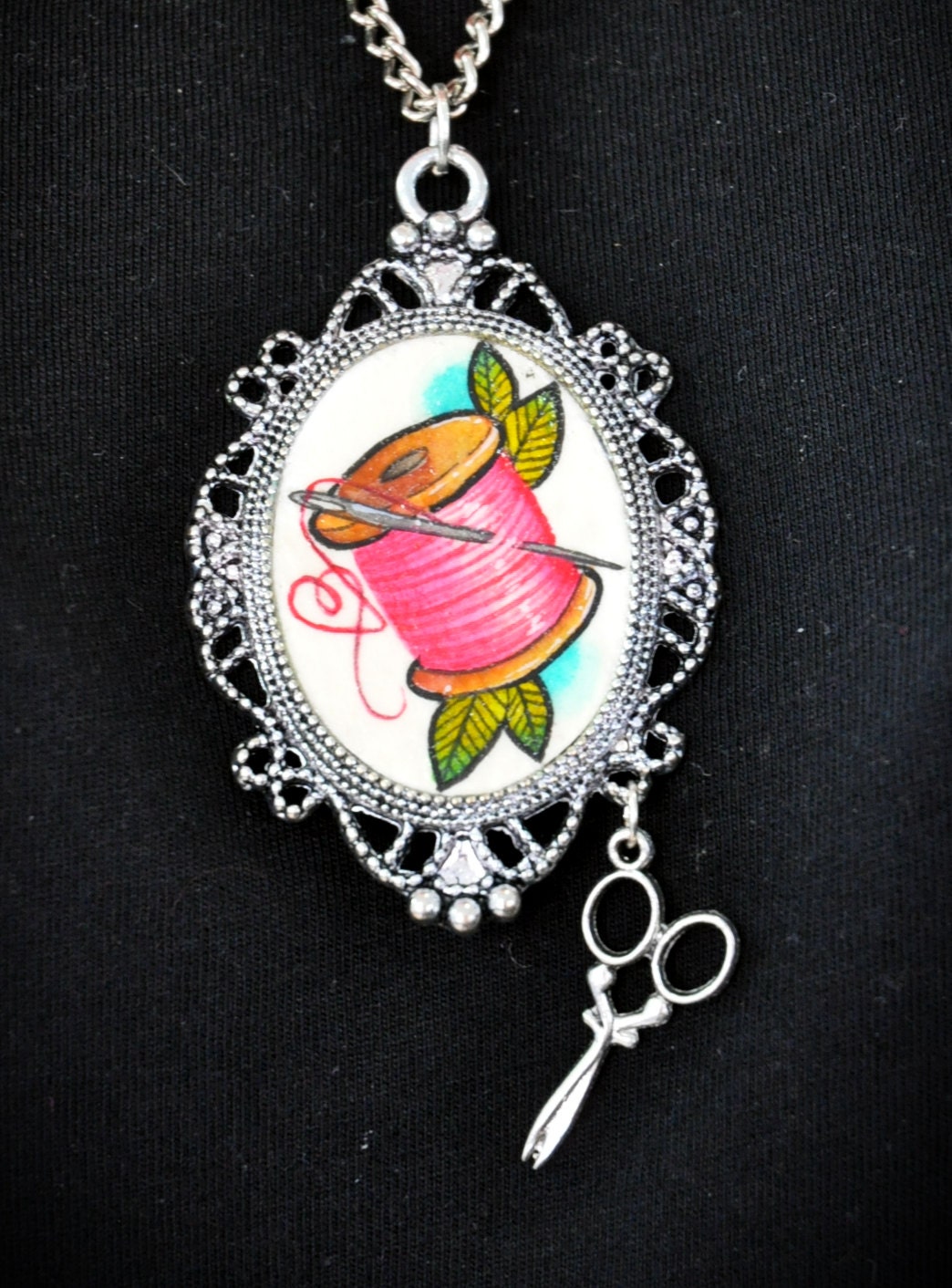 Cotton spool and scissors necklace