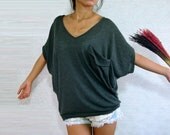 Dark Gray Women Blouse - Oversized Top / V Neck Tee / Ladies T shirt - with pocket / Casual Wide Sleeve Women's Top / large medium small
