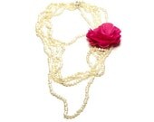 Pearl necklace: Multi strand long pearl necklace with hot pink silk flower brooch (bride jewelry / wedding / for her / fashion trend)