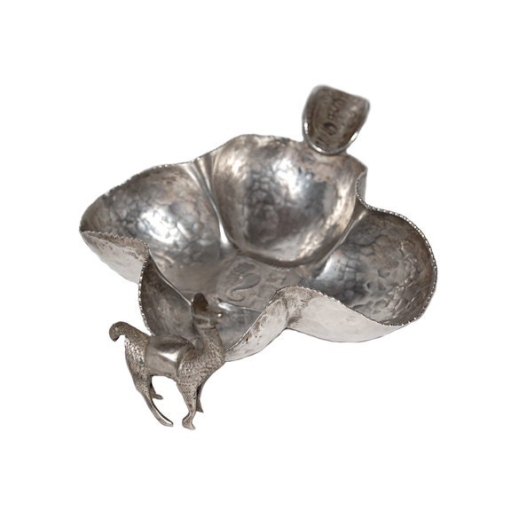 Antique Hand Hammered Peruvian Silver Ash Tray with applied 906 Coin and Llama