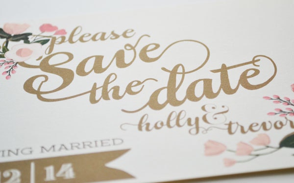 Custom Gold and Blush Save the Date Postcards