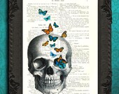 Skull with Butterflies - upcycled French dictionary art print - Mixed media book page dictionary print