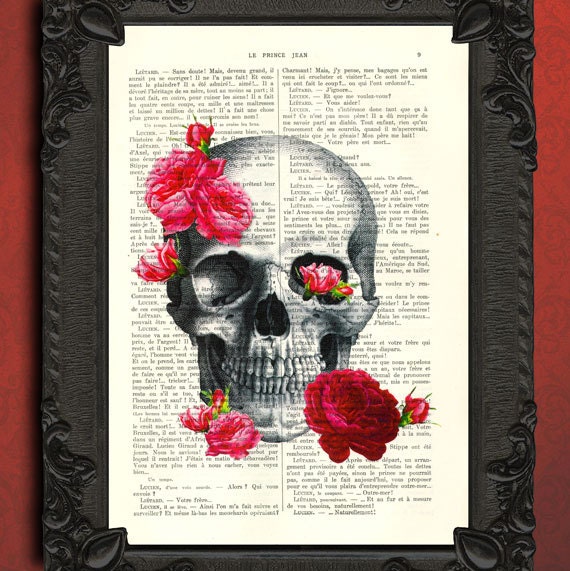 Skull Art Print - Roses book art - Skull with Flowers dictionary art print - upcycled vintage dictionary print