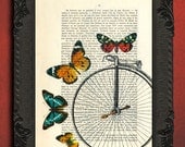 Bicycle wheel surrounded by butterflies - dictionary print - upcycled french book page art print - vintage home decor