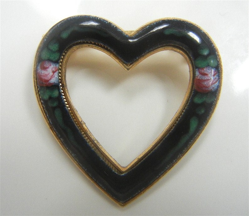 Vintage 1950s Floral Enamel Heart-Shaped Brooch