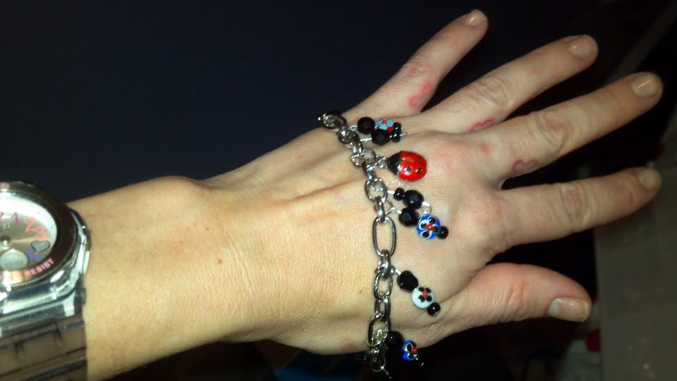 Rockabilly ladybug silver plated, stainless steel, lg link w/ toggle and handmade flower charm bracelet.