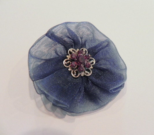 Fabric Brooch Vintage Jewel Flower Navy Amethyst Look