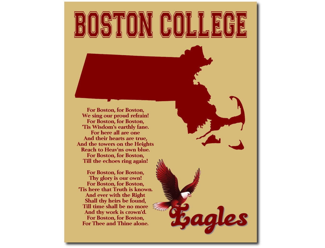Boston College Eagles Football Art Print Massachusetts State Map Sports Fight Song 8x10