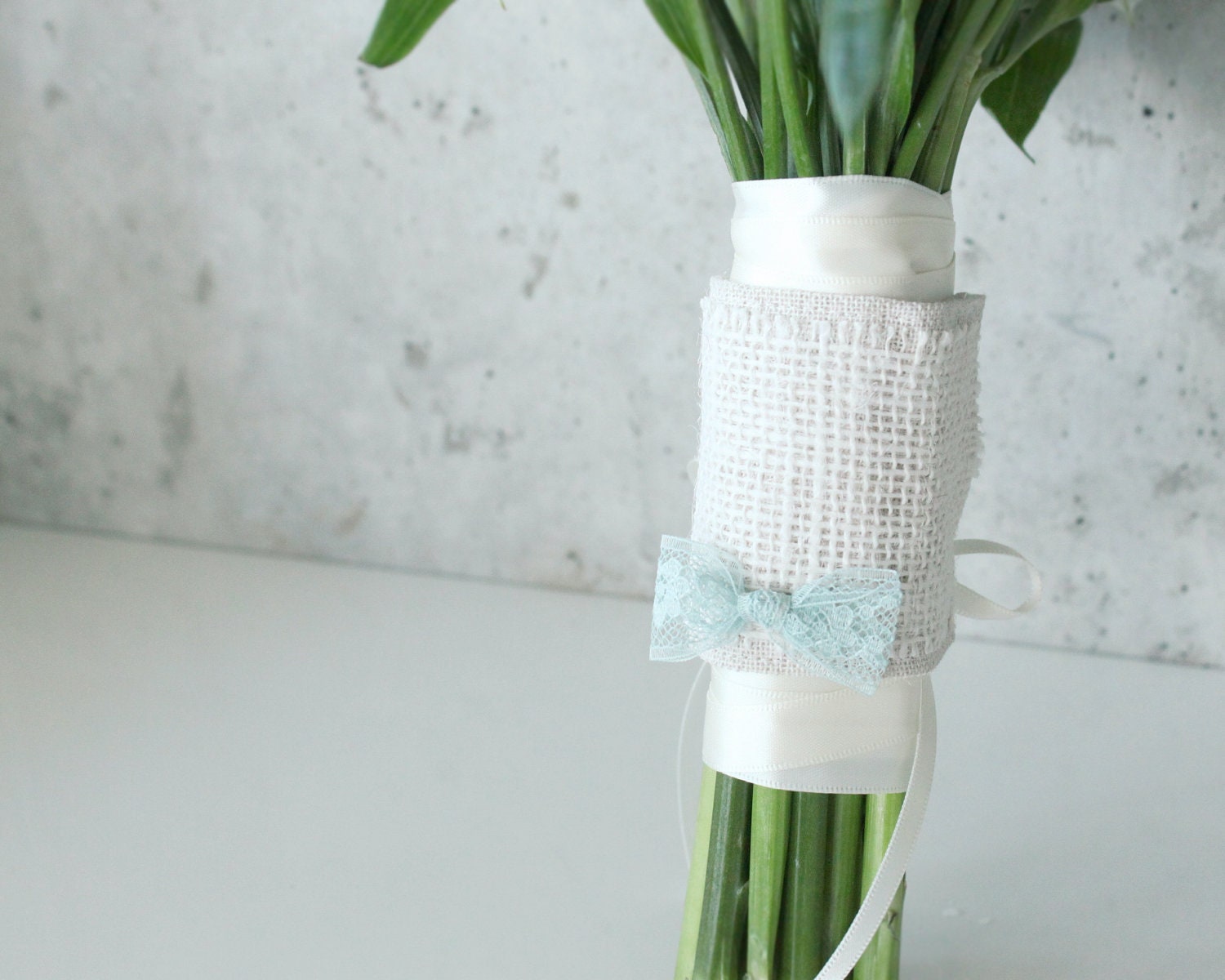 Lucky Penny Pocket Bouquet Wrap, Rustic Ivory Burlap with Aqua Lace