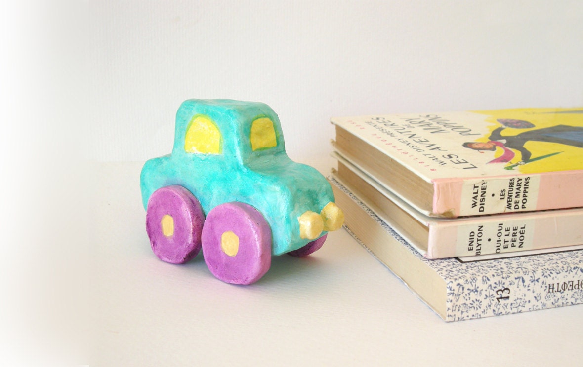 Turquoise clay car - Childrens room display - boys nursery room decoration