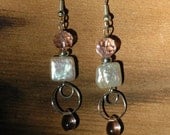 Pink Czech Glass and White Square Freshwater Pearl Silver Dangle Earrings (OOAK) boho chic gypsy art deco victorian
