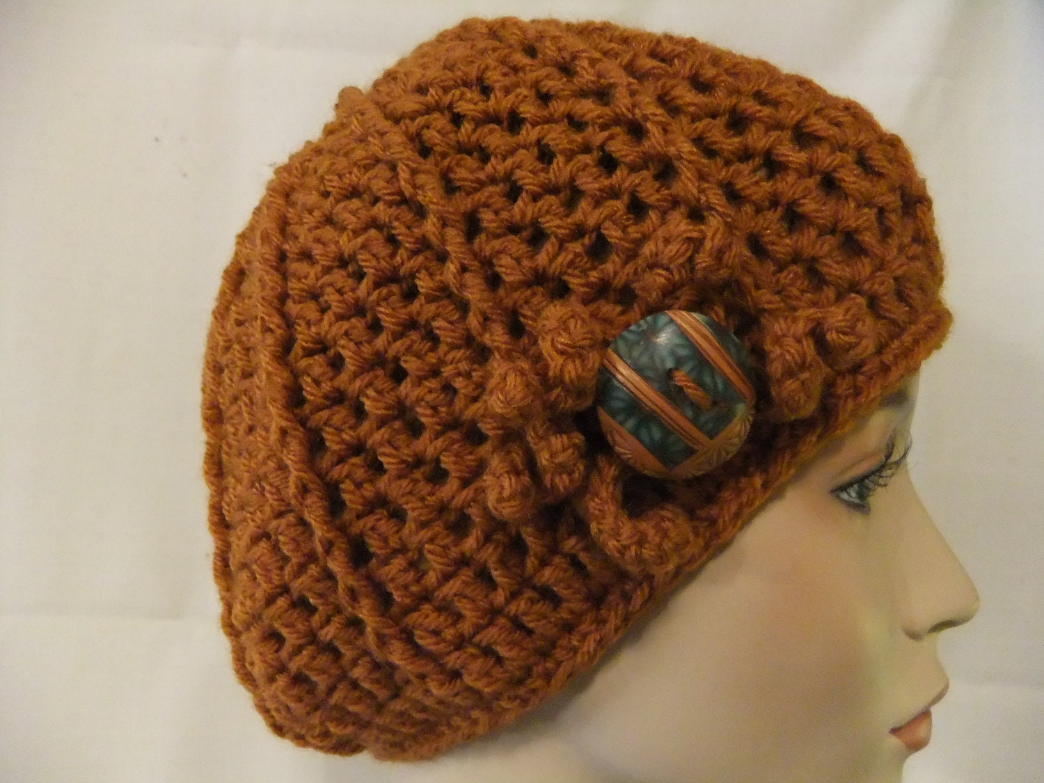 Handmade Woman Beanie Hat Crocheted -  Womens Toque Rust Color Hat Accessory with Flower and Hand-Painted Designer Fashion Button