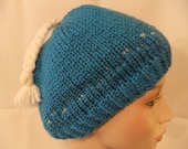 Hand Knit Woman Beanie Hat Womens Toque Hat Handmade Accessory in Dodger Blue White Braid