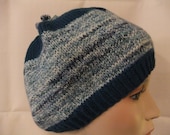 Hand Knit Woman Beanie Hat Womens Toque Hat Handmade Accessory in Emerald Blue White Braid