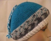 Hand Knit Woman Winter Beanie Hat Womens Toque Handmade Accessory Turquoise White Grey Braid